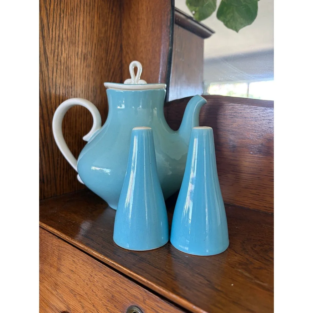 Vintage Mid Century Modern Turquoise Blue Ceramic Teapot & Shaker Set MCM Retro